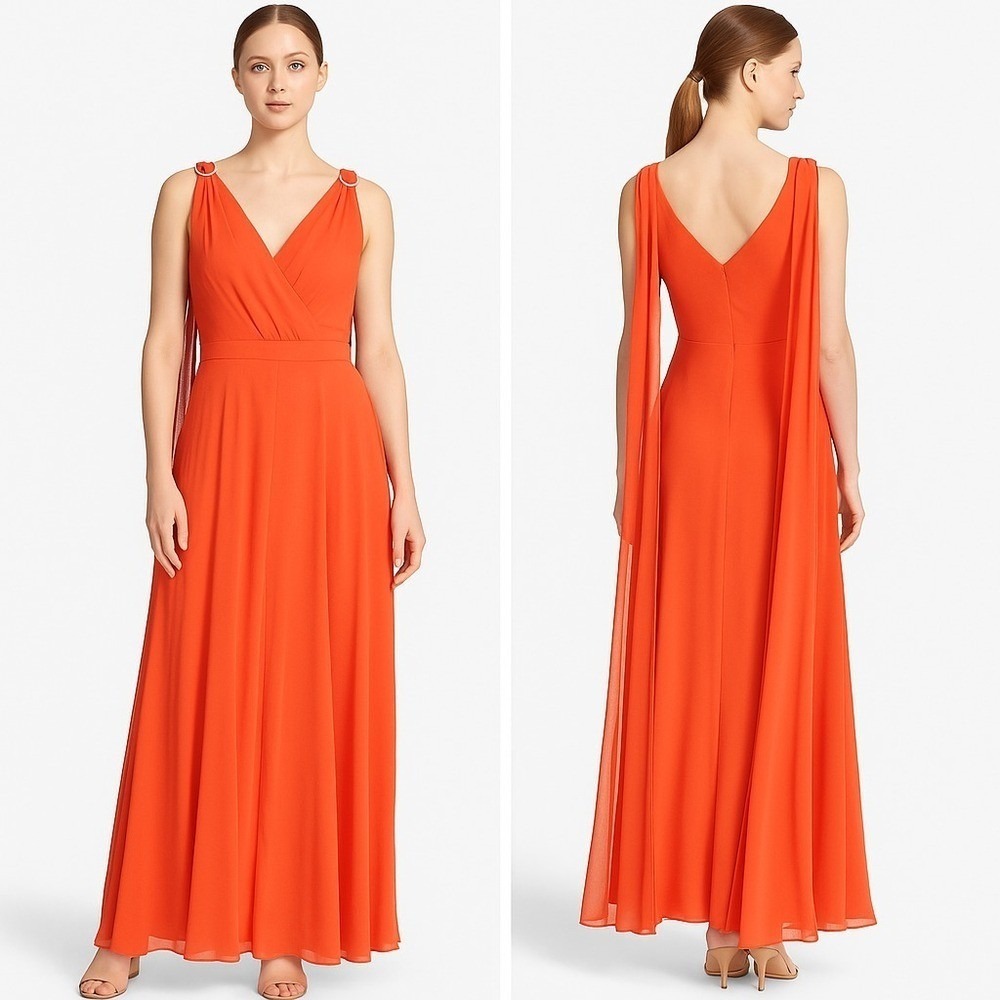 Ralph Lauren Womens Orange Tie Sleeveless Full Length Cocktail Dress Size 16